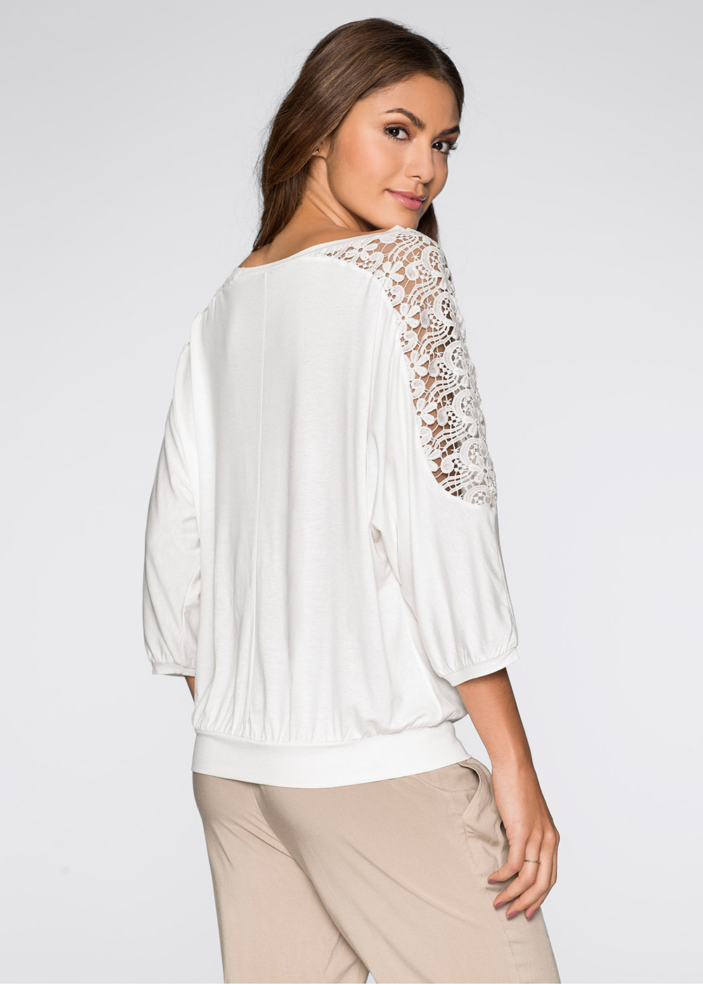 F2489 White Blouse Women Work Wear Lace Insert Sleeve Cotton Tops
